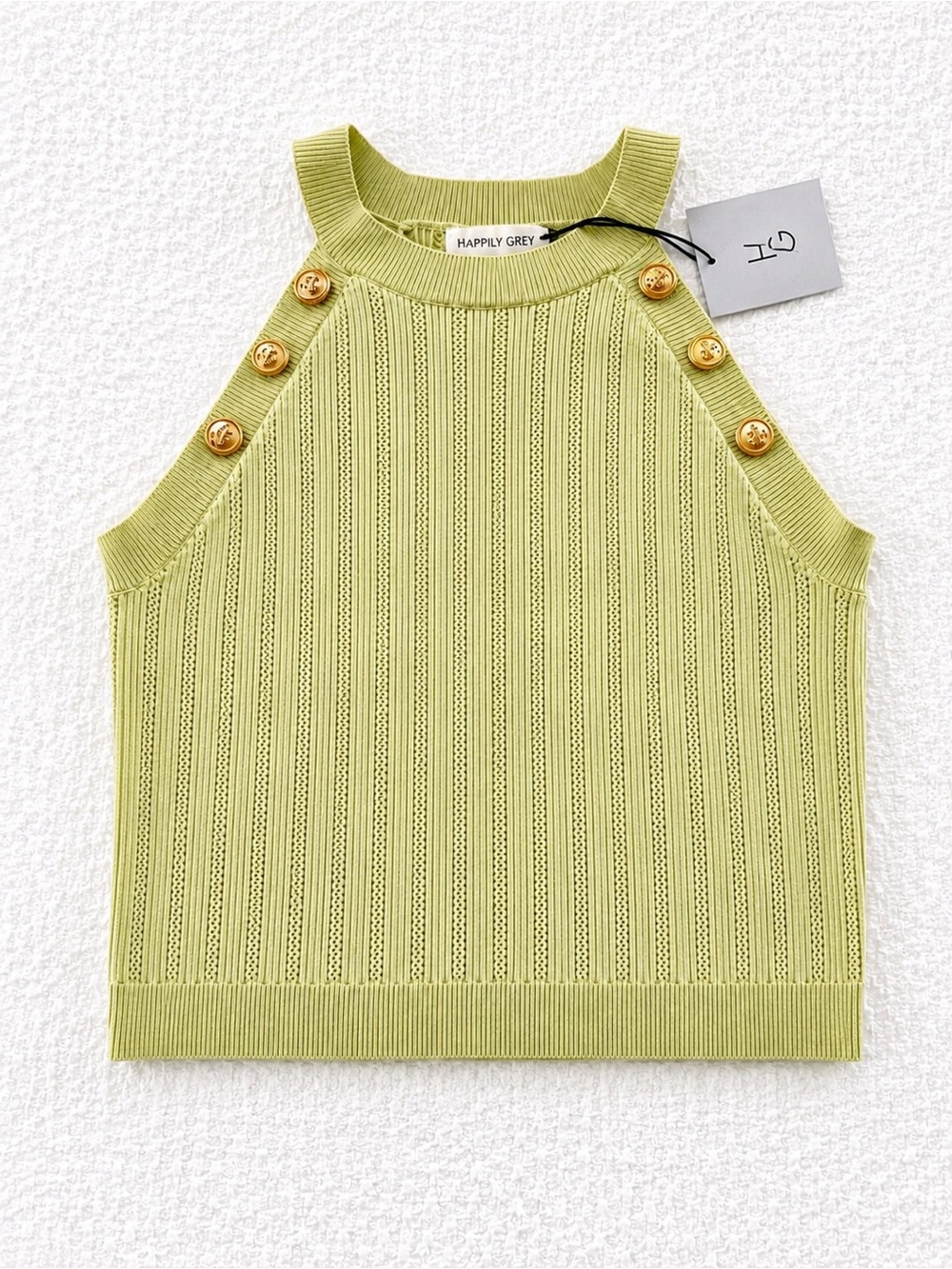 Happily Grey Ribbed Knit Halter Tank Top Green Gold Button Detail Size Large NWT